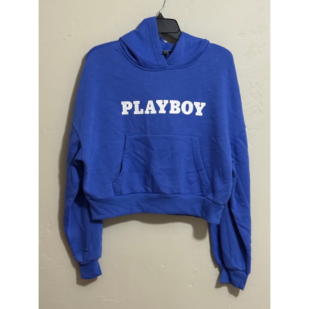 Playboy Hoodie Womens M Blue Cropped PLAYBOY Block Letter Kangaroo Pocket Y2K